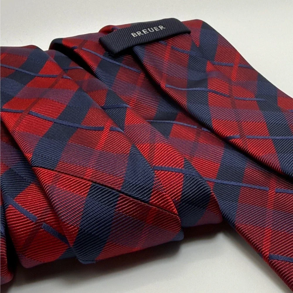 Breuer Plaid Silk Necktie One Size Red Navy Blue Preppy Classic Professional